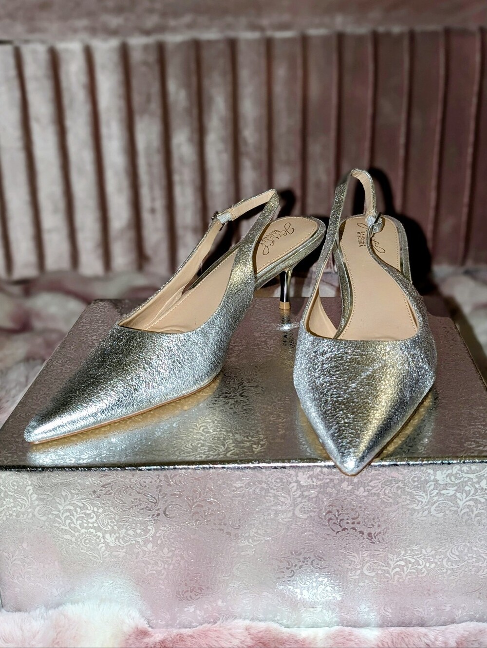Jewel Badgley Mischka silver metallic slingback heels 10 nwot
